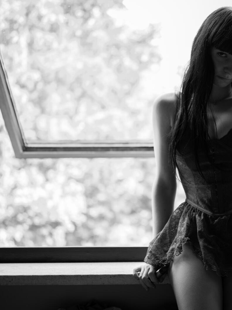 photograph, girl, interior, window light, standing